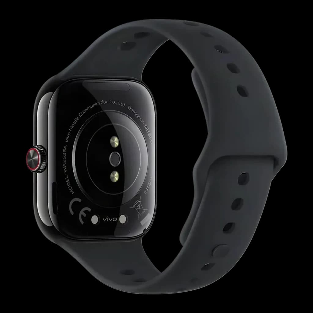 Vivo Watch GT 2 Negro NFC GPS y Llamadas Monitor de Salud SpO2, vista trasera: sensores ópticos, corona roja y correa