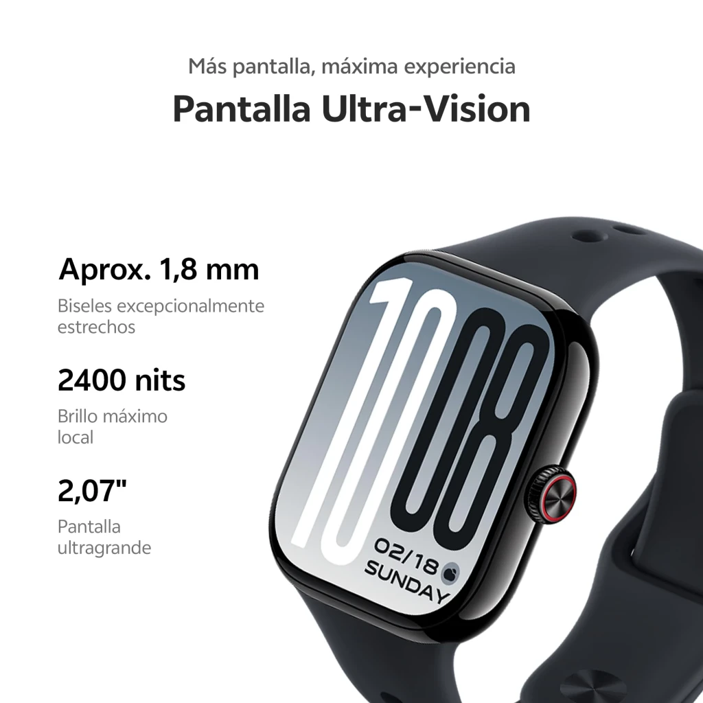 Vivo Watch GT 2 Negro NFC GPS y Llamadas Monitor de Salud SpO2, en uso: pantalla Ultra-Vision 2,07" con hora y biseles
