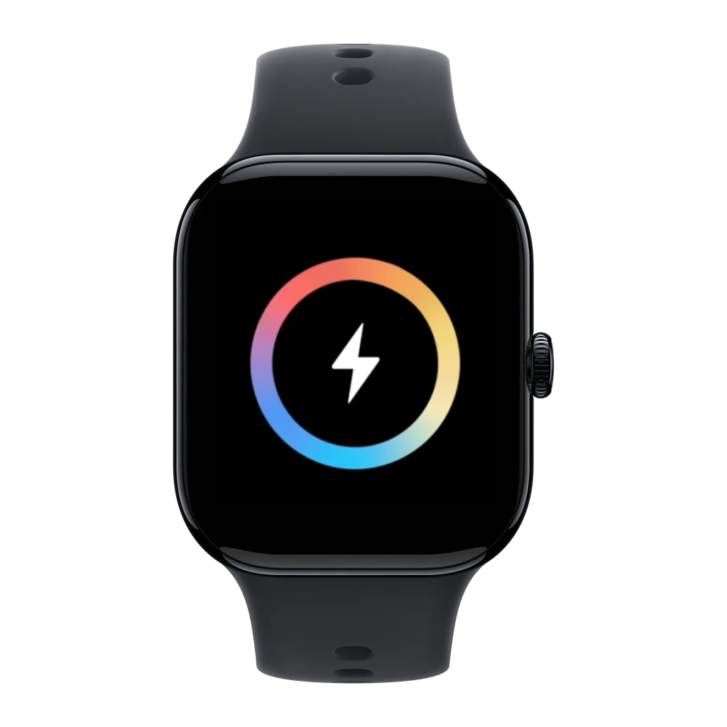Vivo Watch GT 2 Negro NFC GPS y Llamadas Monitor de Salud SpO2, detalle: pantalla con icono de carga y anillo multicolor
