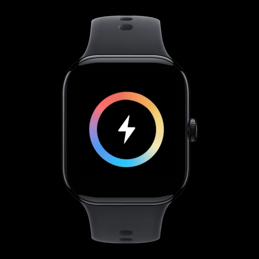 Vivo Watch GT 2 Negro NFC GPS y Llamadas Monitor de Salud SpO2, detalle: pantalla con icono de carga y anillo multicolor