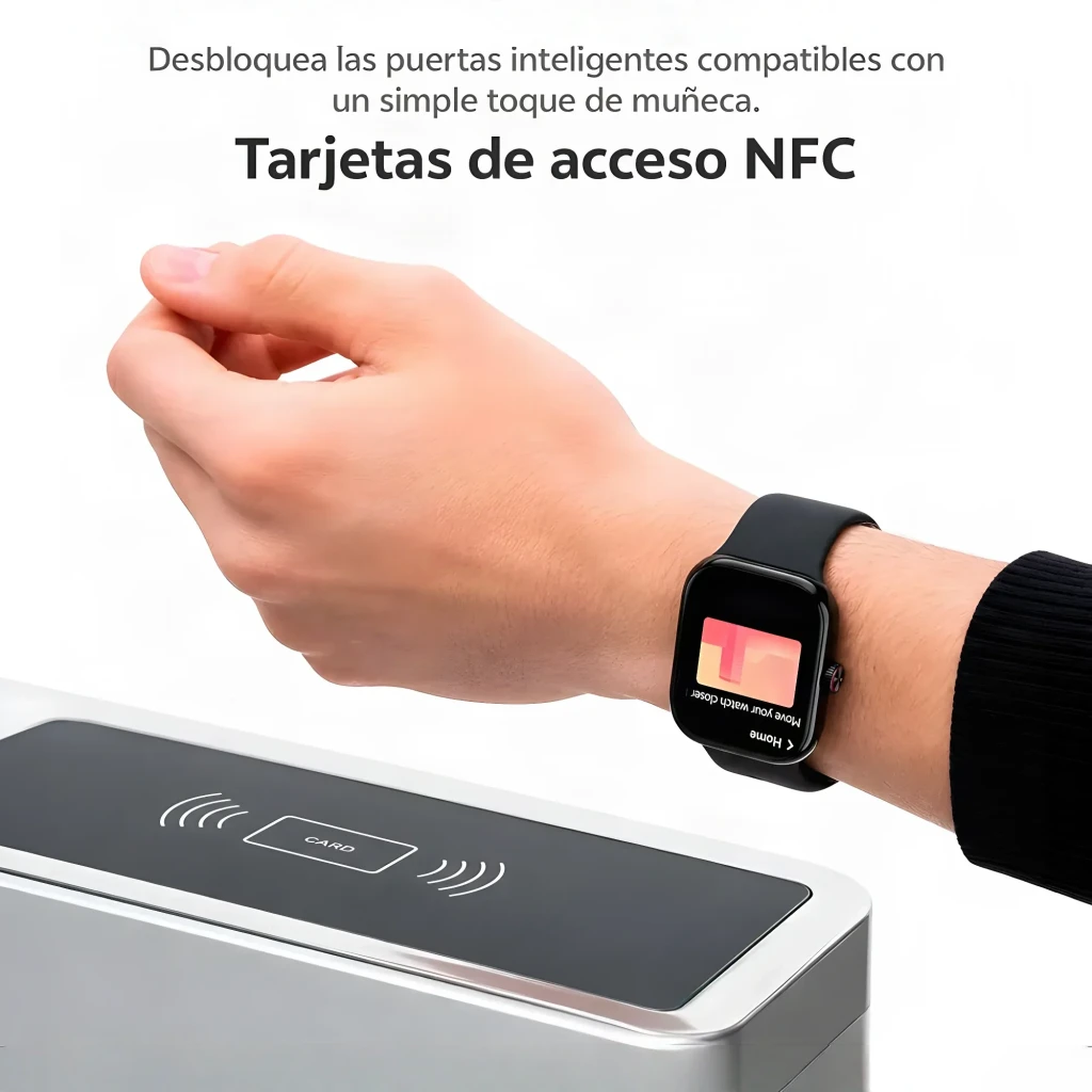 Vivo Watch GT 2 Negro NFC GPS y Llamadas Monitor de Salud SpO2, en uso: muñeca acercándose a lector NFC con pantalla