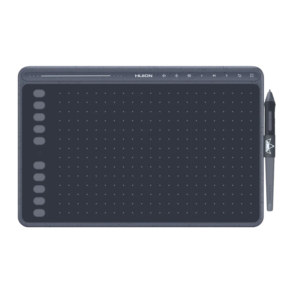 Tableta gráfica Huion HS611 Gris 5080 LPI 8192 niveles, vista frontal: superficie activa con puntos, 8 teclas express