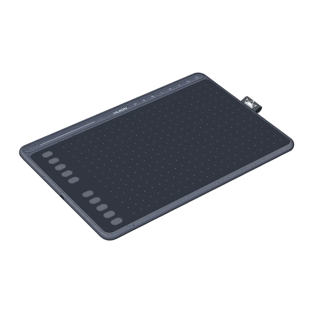Tableta gráfica Huion HS611 Gris 5080 LPI 8192 niveles, detalle: vista en perspectiva con teclas express y área activa