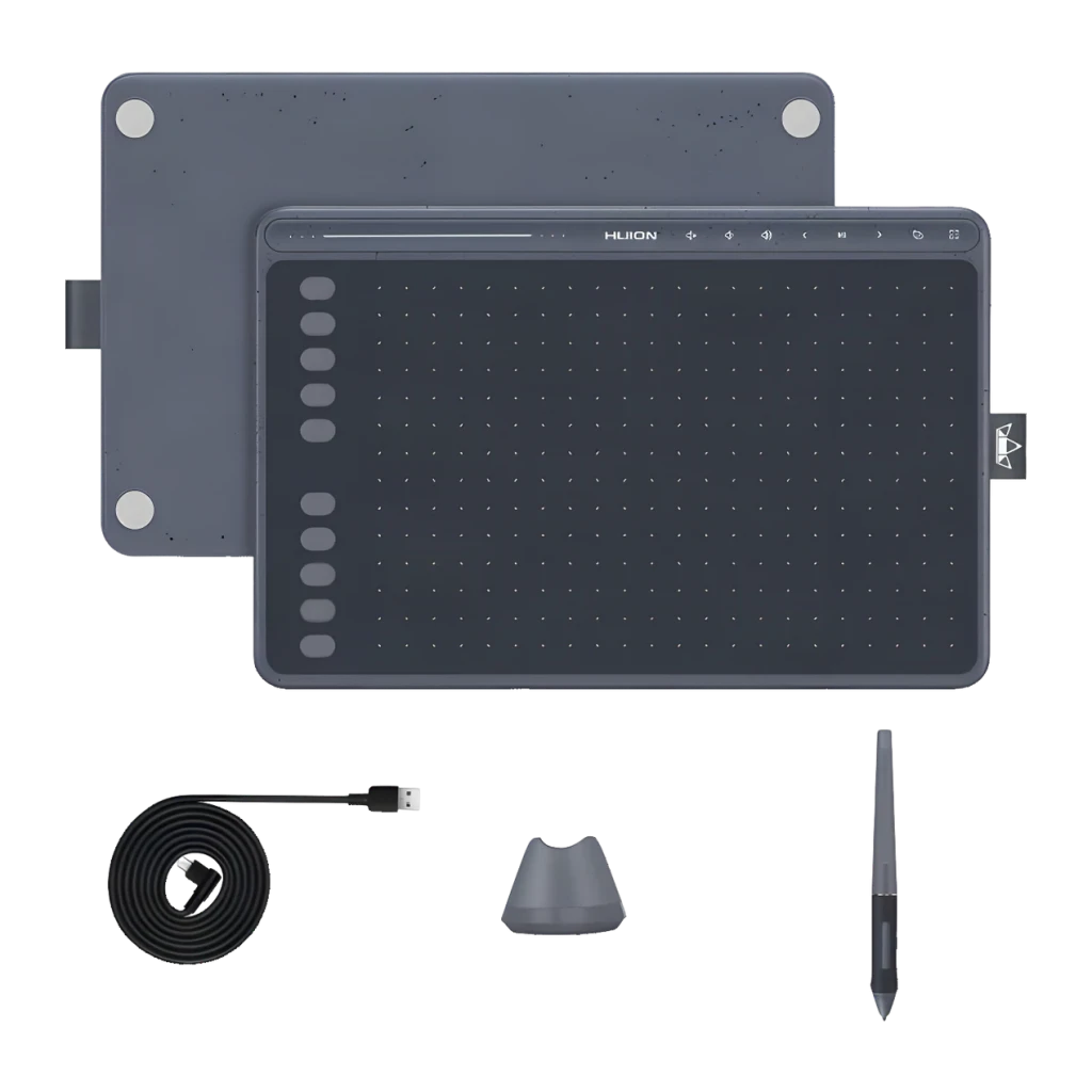 Tableta gráfica Huion HS611 Gris 5080 LPI 8192 niveles, detalle: vista superior con reverso, lápiz, soporte y cable USB