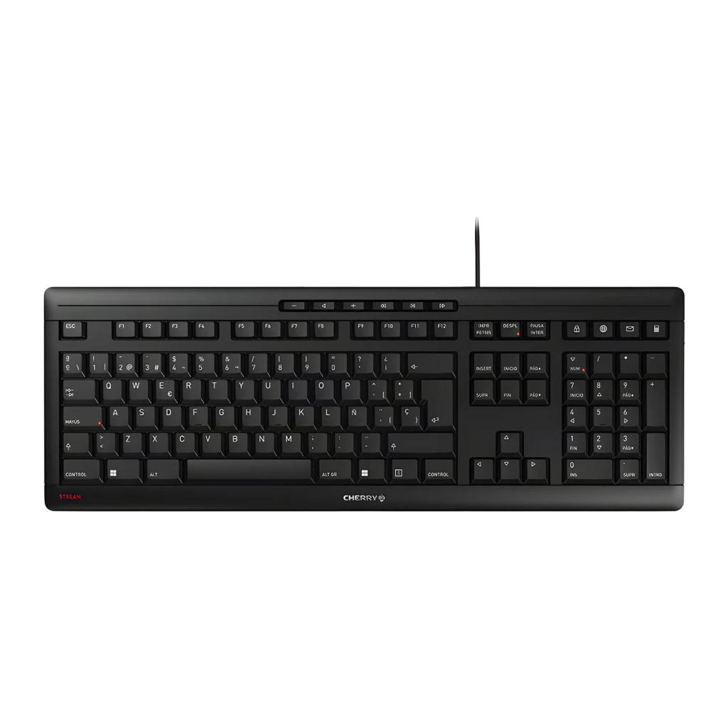 Clavier Cherry Stream Noir USB avec câble 1,8 m QWERTY Espagnol JK-8500ES-2, vue de dessus: disposition complète des touches