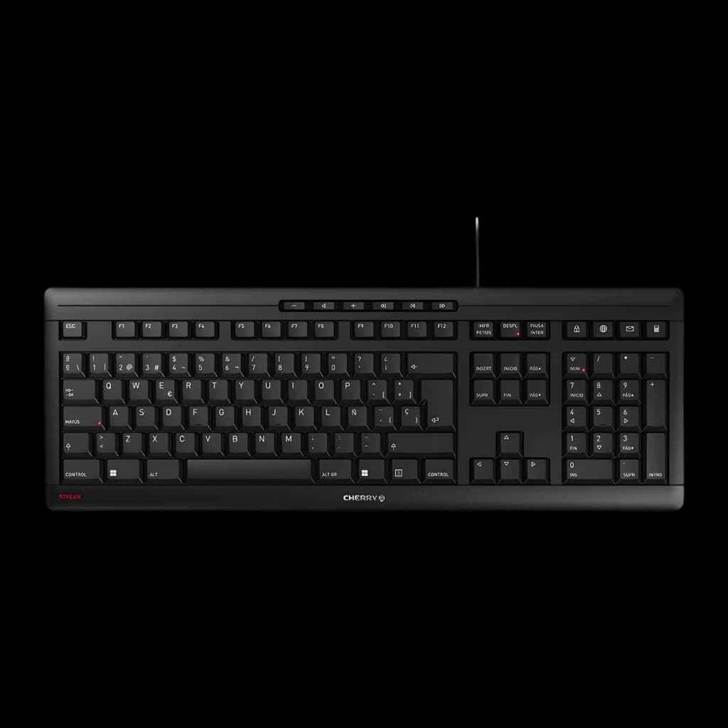 Clavier Cherry Stream Noir USB avec câble 1,8 m QWERTY Espagnol JK-8500ES-2, vue de dessus: disposition complète des touches