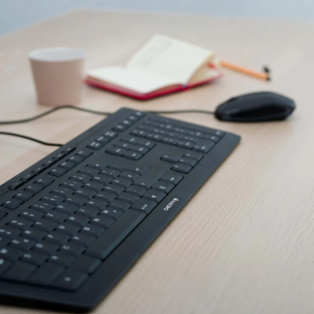 Clavier Cherry Stream Noir USB avec câble 1,8 m QWERTY Espagnol JK-8500ES-2, en utilisation: sur bureau en bois avec souris