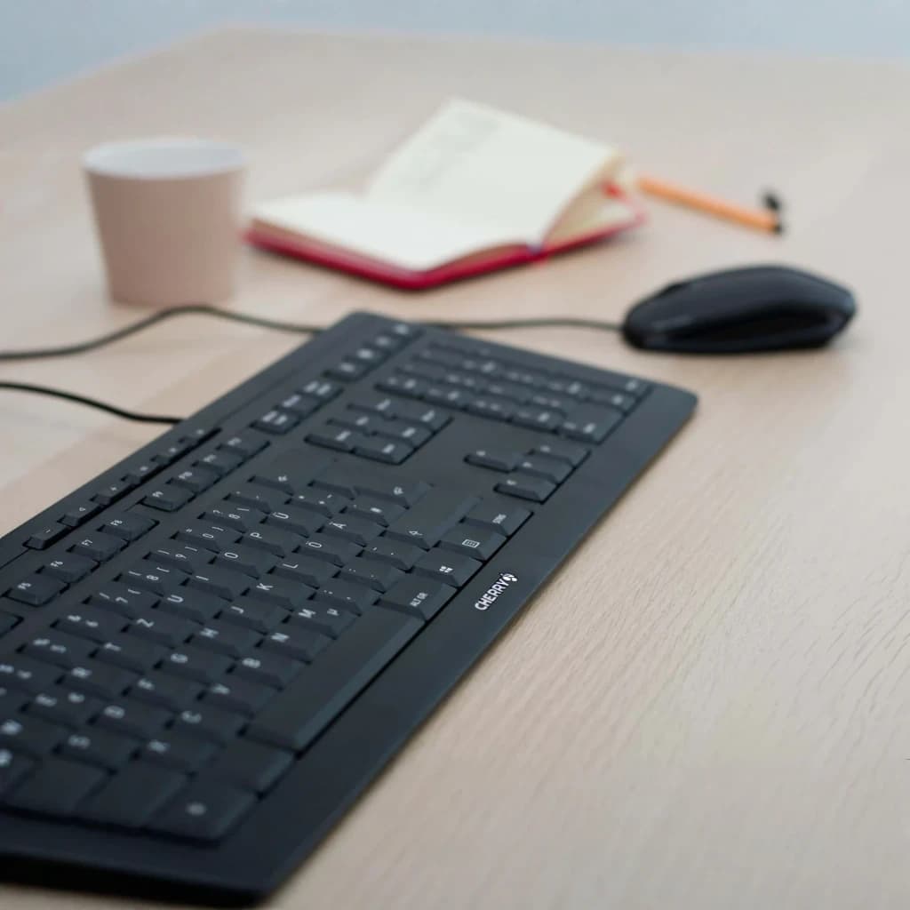 Clavier Cherry Stream Noir USB avec câble 1,8 m QWERTY Espagnol JK-8500ES-2, en utilisation: sur bureau en bois avec souris