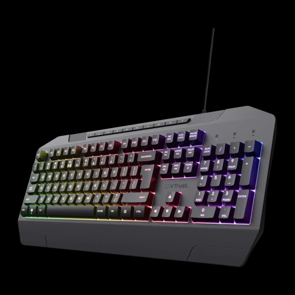 Teclado Gaming Trust GXT 836 Evocx Membrana RGB Espanhol Preto, vista em perspectiva: iluminação RGB multicolor nas teclas