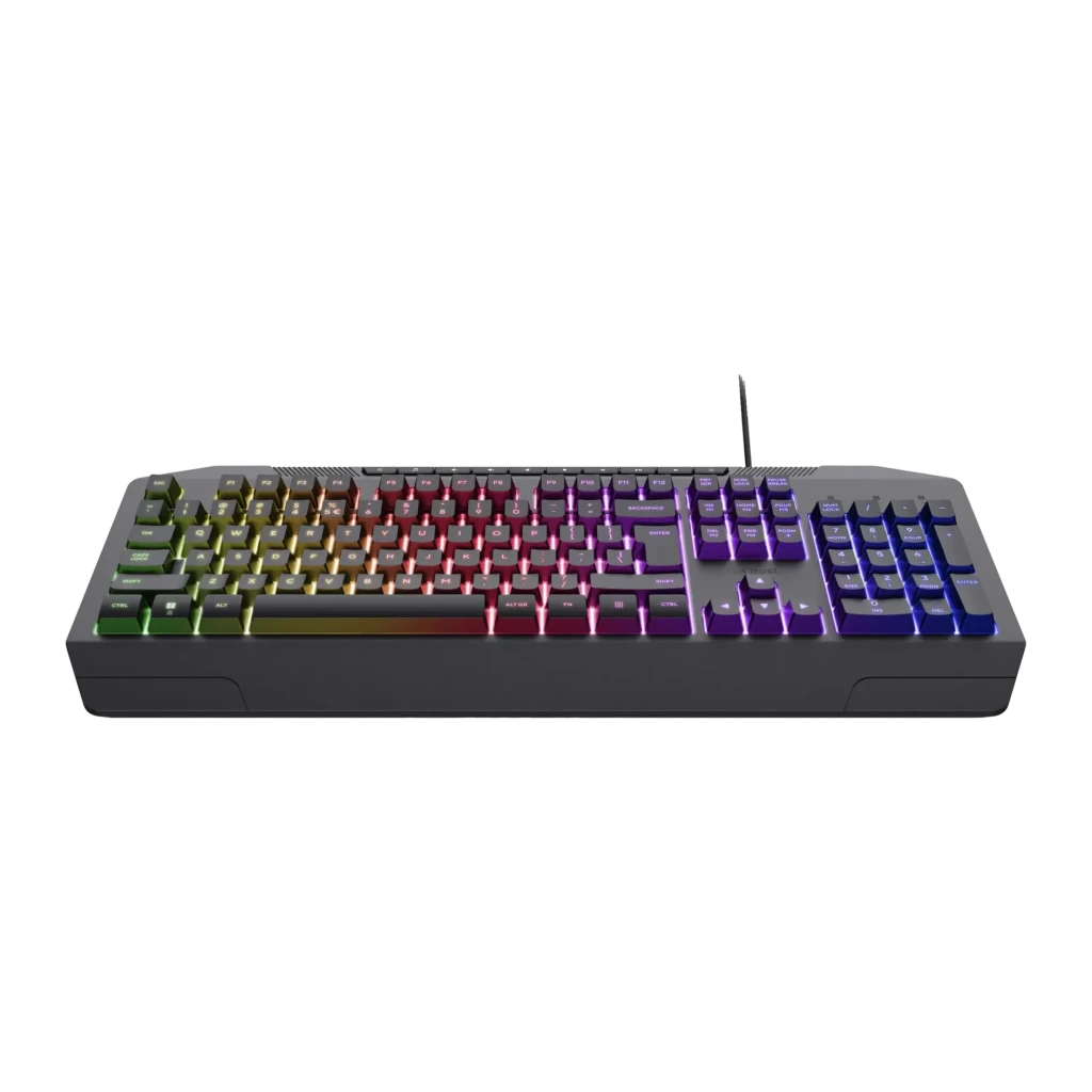 Teclado Gaming Trust GXT 836 Evocx Membrana RGB Espanhol Preto, vista em perspectiva: retroiluminação RGB multicolor nas