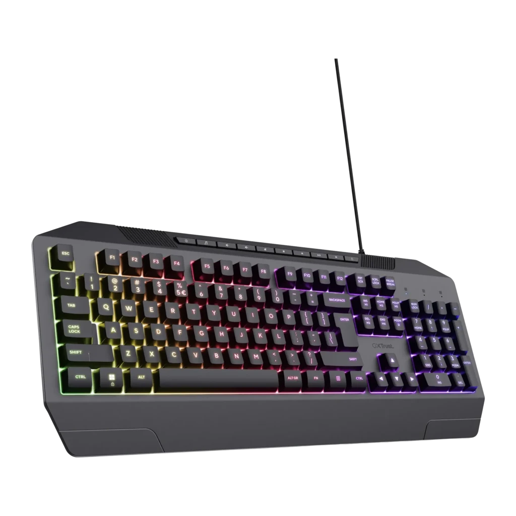 Teclado Gaming Trust GXT 836 Evocx Membrana RGB Espanhol Preto, vista em perspetiva: retroiluminação RGB multicolor nas