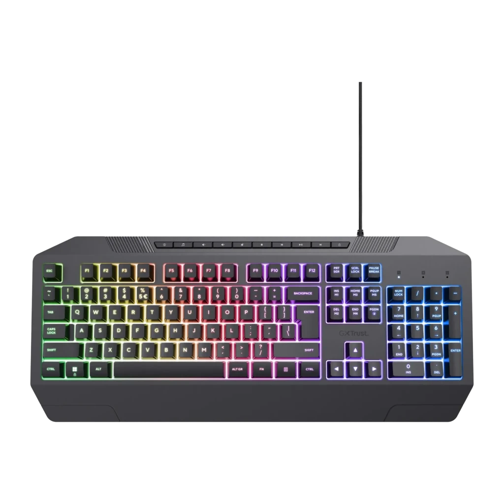 Teclado Gaming Trust GXT 836 Evocx Membrana RGB Espanhol Preto, vista superior: retroiluminação RGB multicolor em todas as