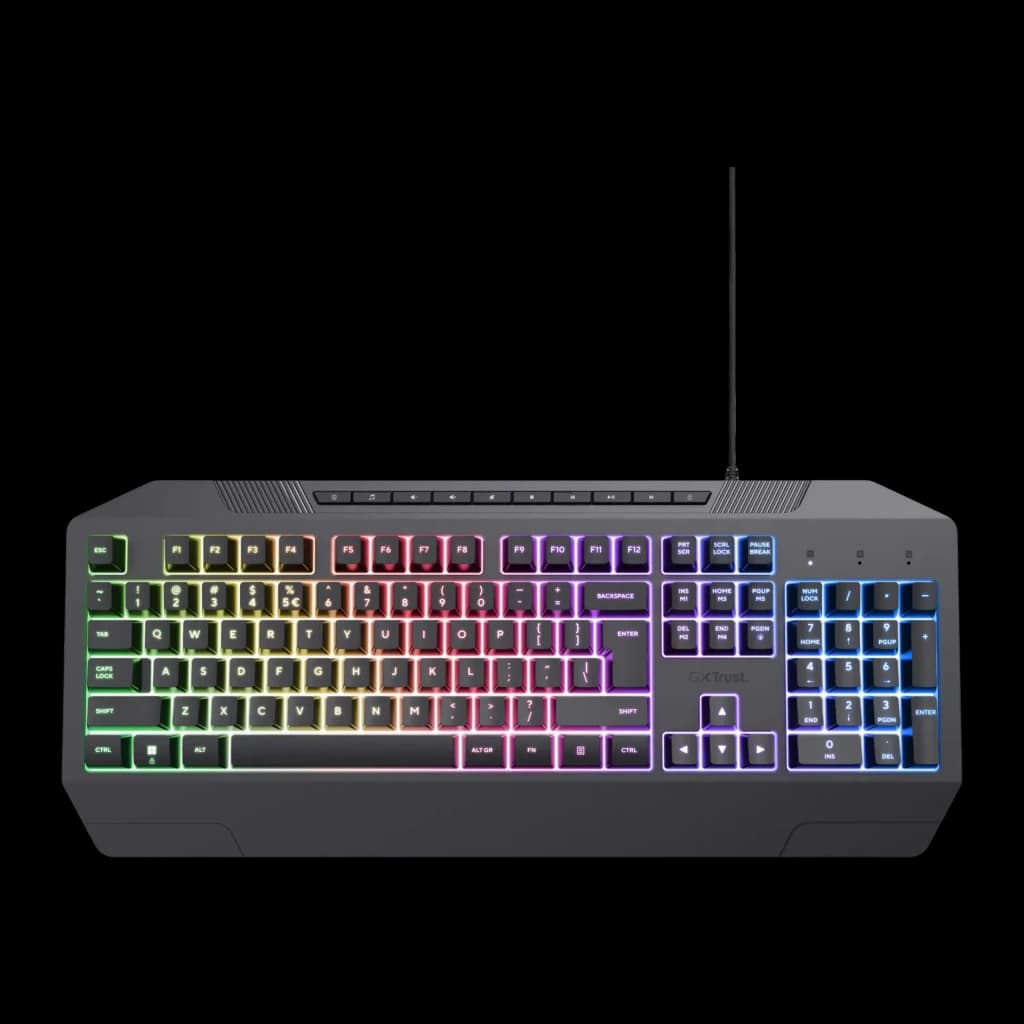 Teclado Gaming Trust GXT 836 Evocx Membrana RGB Espanhol Preto, vista superior: retroiluminação RGB multicolor em todas as