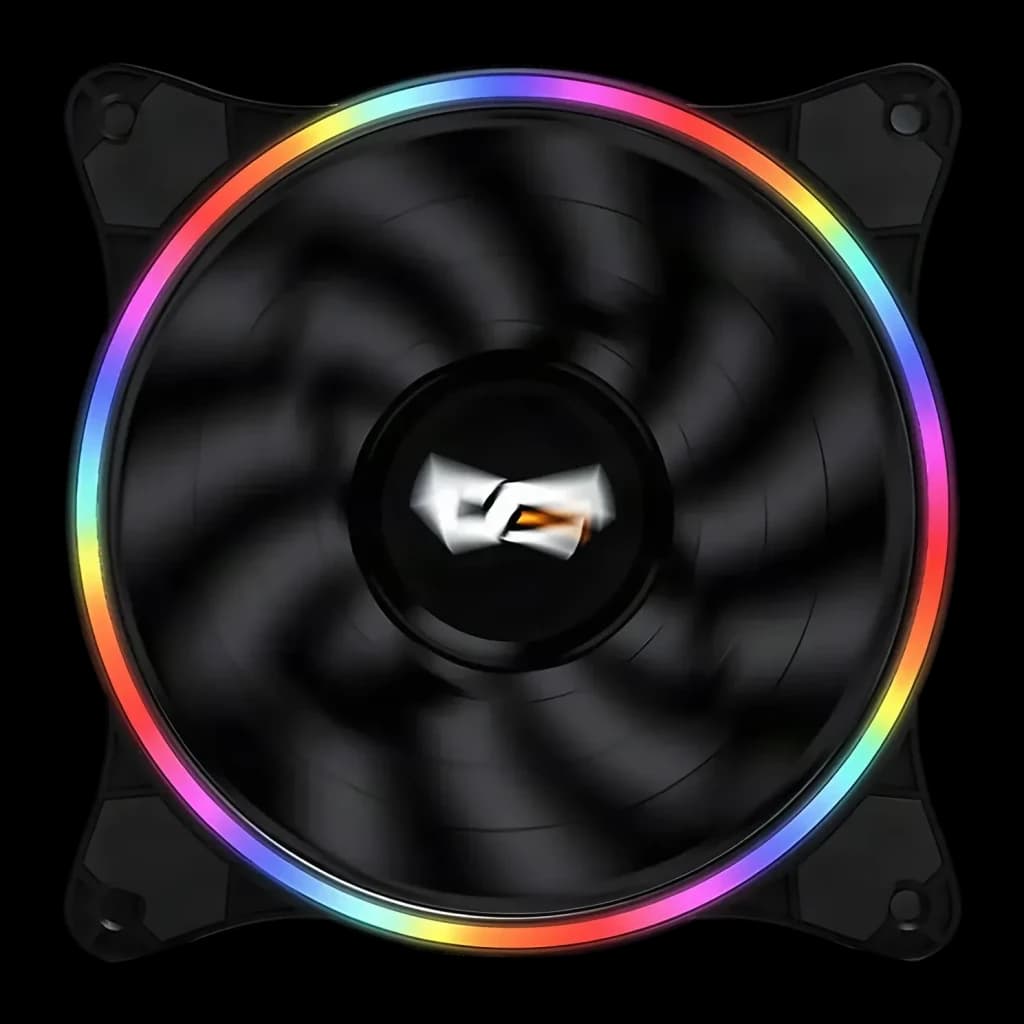 Ventilateur PC Darkflash D1 120x120mm Noir, vue de face: pale noire avec anneau LED RGB complet et logo Darkflash au moyeu