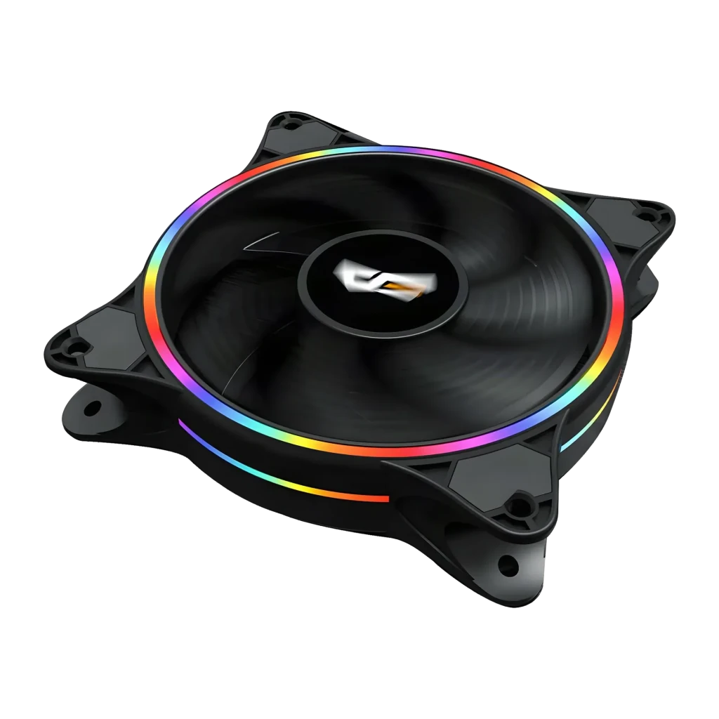 Ventilateur PC Darkflash D1 120x120mm Noir, détail: anneau RGB multicolore éclairé et logo central sur pale noire translucide