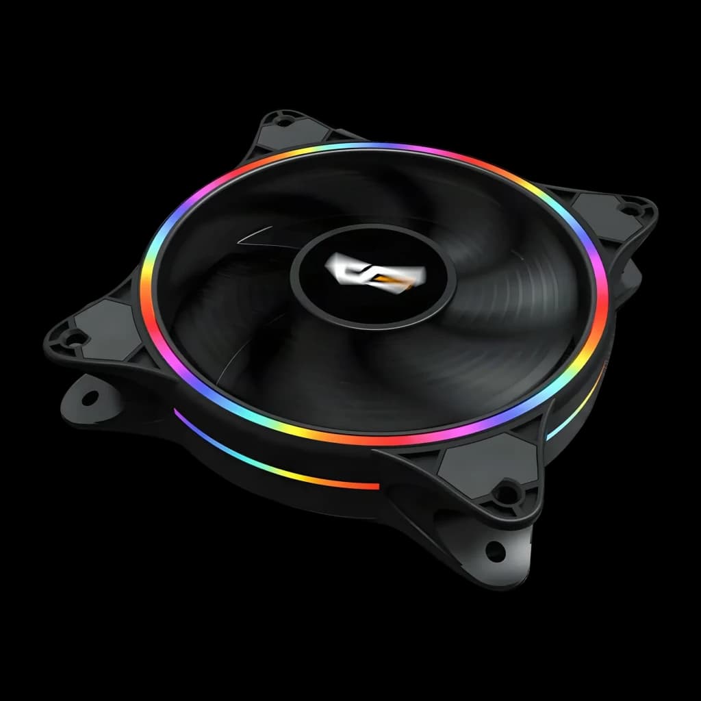 Ventilateur PC Darkflash D1 120x120mm Noir, détail: anneau RGB multicolore éclairé et logo central sur pale noire translucide