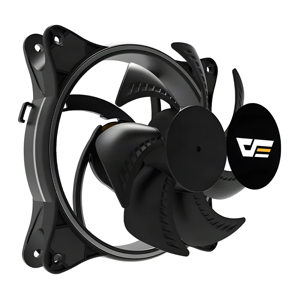Ventilateur PC Darkflash D1 120x120mm Noir, vue de face en angle: pales, cadre et logo Darkflash sur fond sombre
