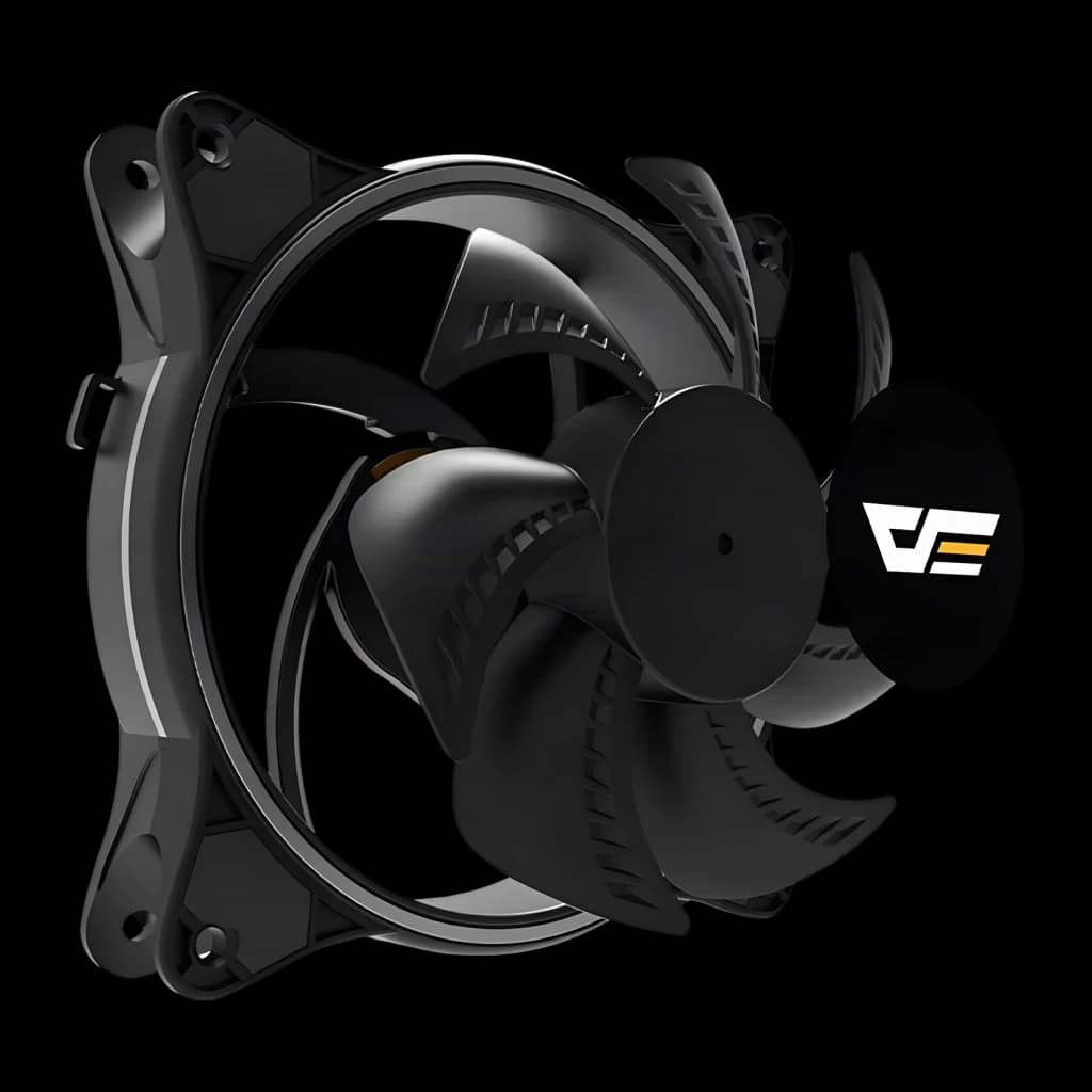 Ventilateur PC Darkflash D1 120x120mm Noir, vue de face en angle: pales, cadre et logo Darkflash sur fond sombre