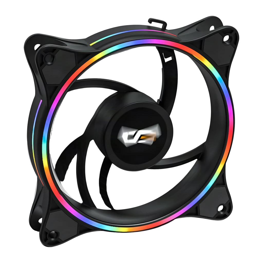 Ventilateur PC Darkflash D1 120x120mm Noir, vue de face en angle: anneau RGB multicolore éclairé et logo central