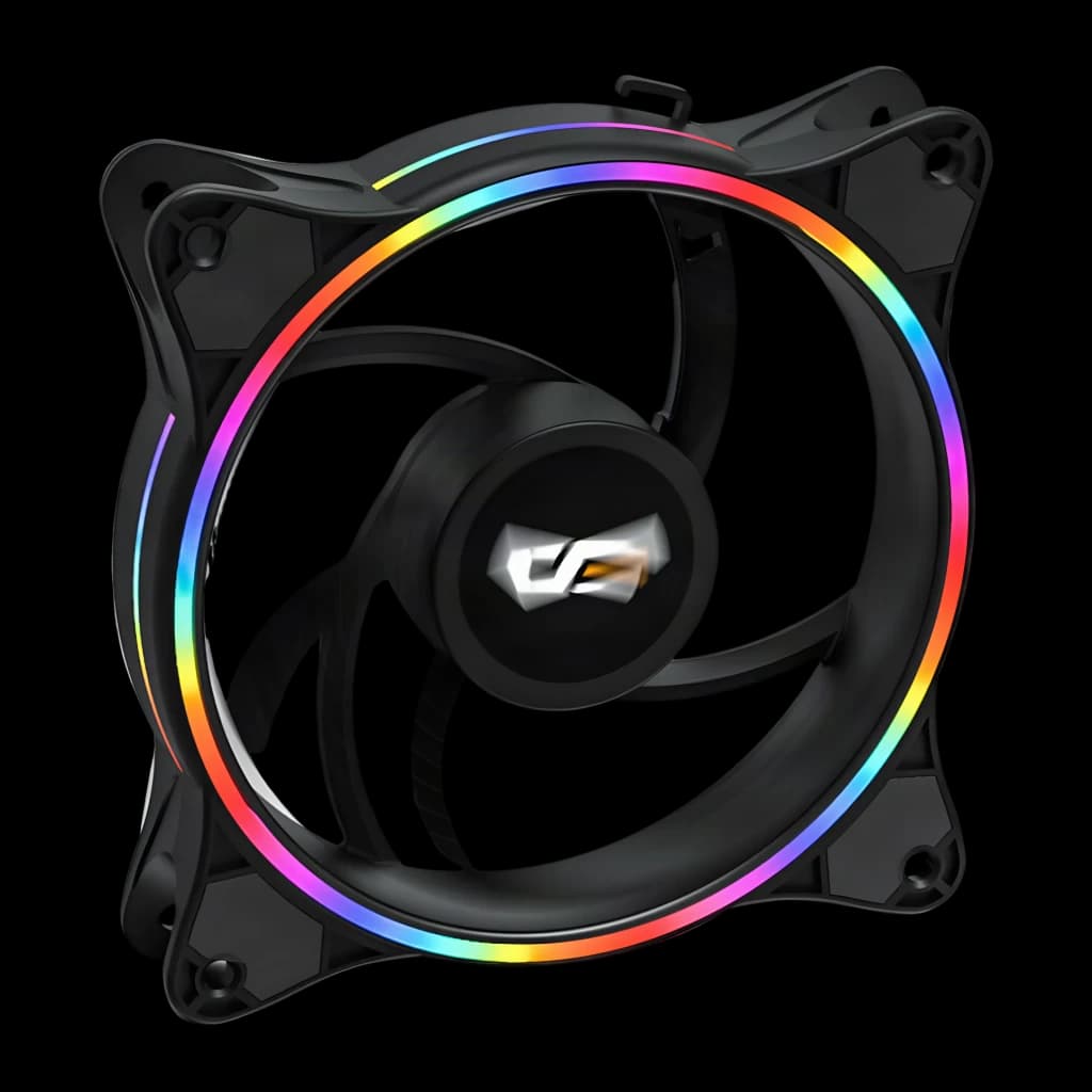 Ventilateur PC Darkflash D1 120x120mm Noir, vue de face en angle: anneau RGB multicolore éclairé et logo central