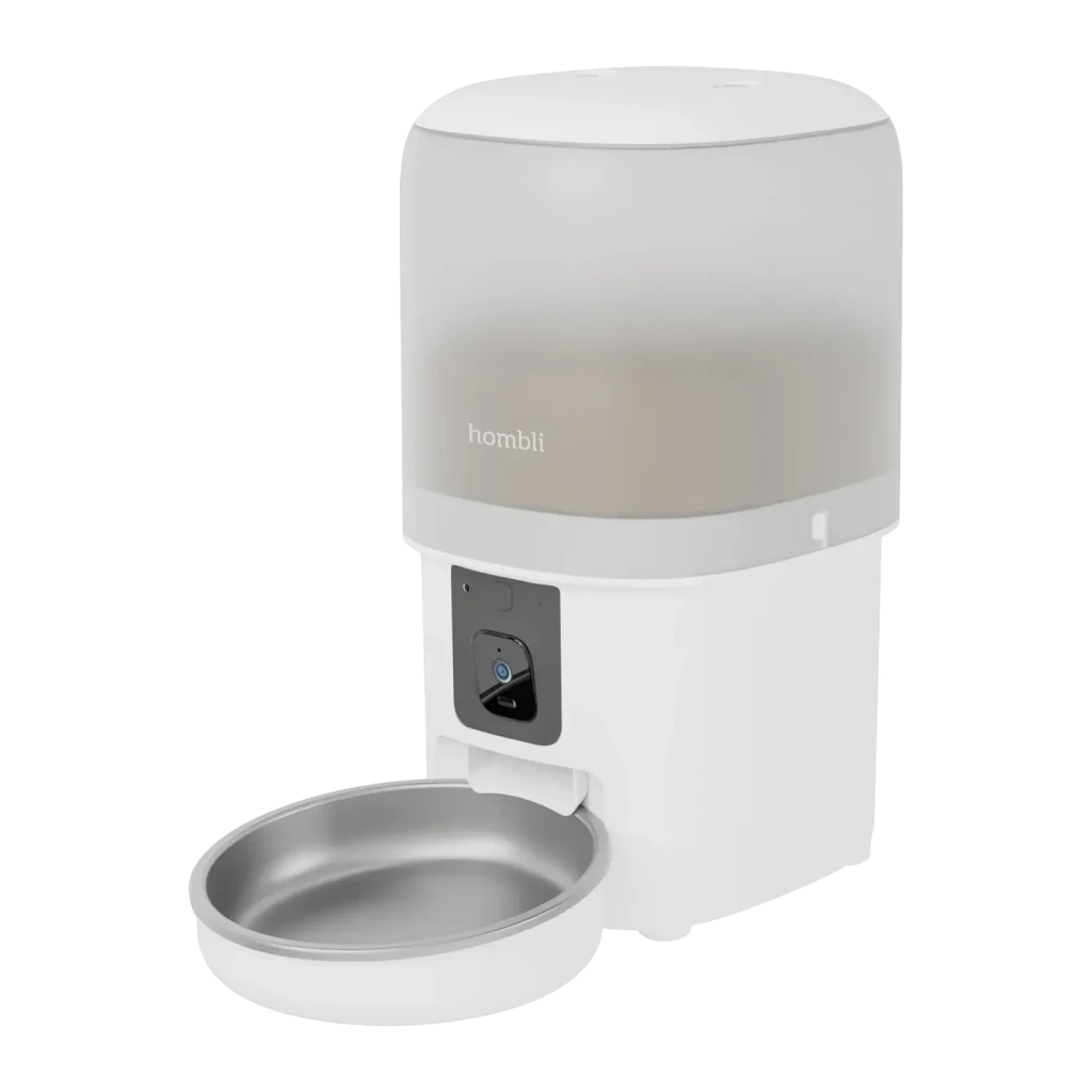 Comedouro Automático Hombli Smart Pet Feeder Branco Câmara Full HD 1080p, vista frontal: reservatório translúcido, módulo