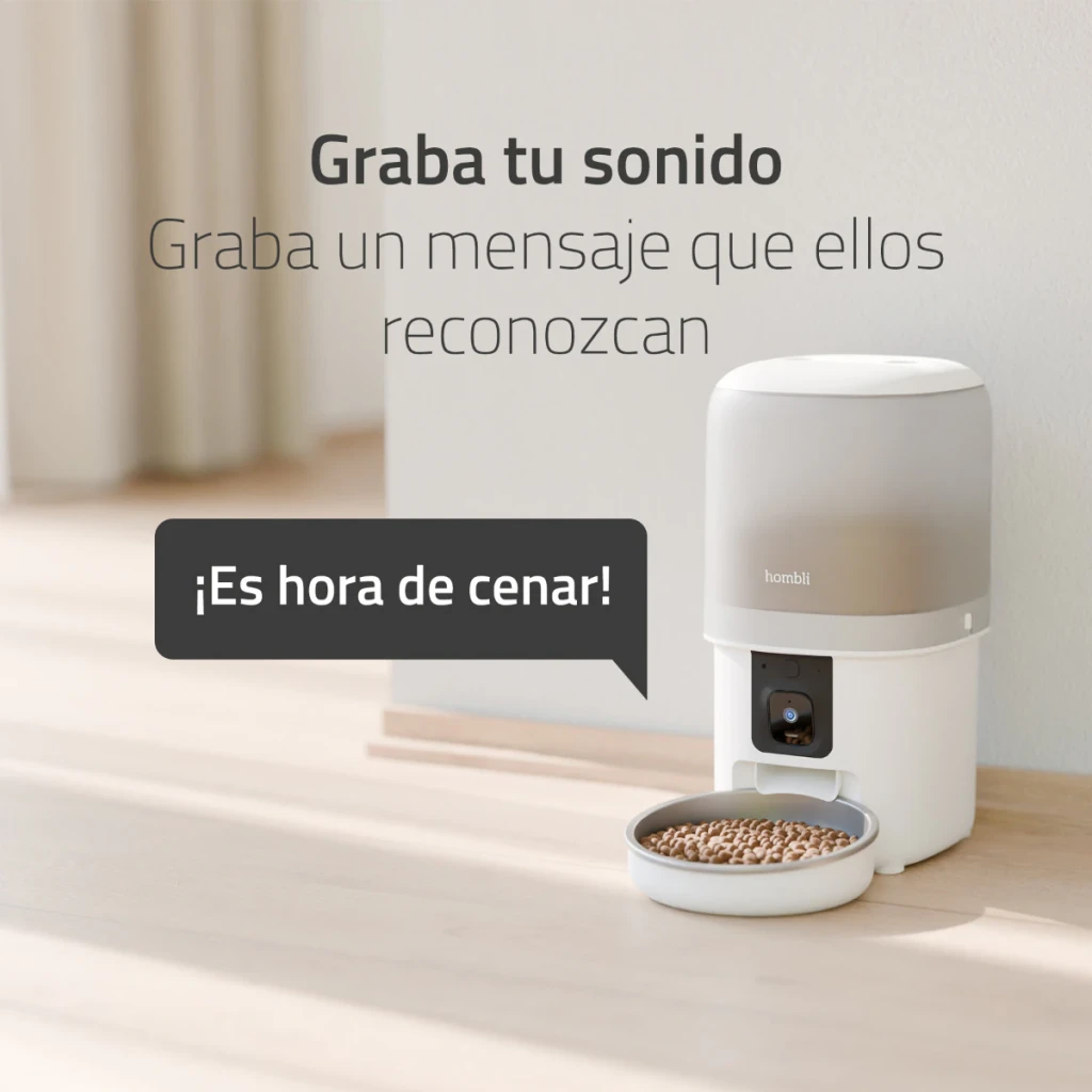 Comedouro Automático Hombli Smart Pet Feeder Branco Câmara Full HD 1080p, vista lateral: dispensador com ração na tigela