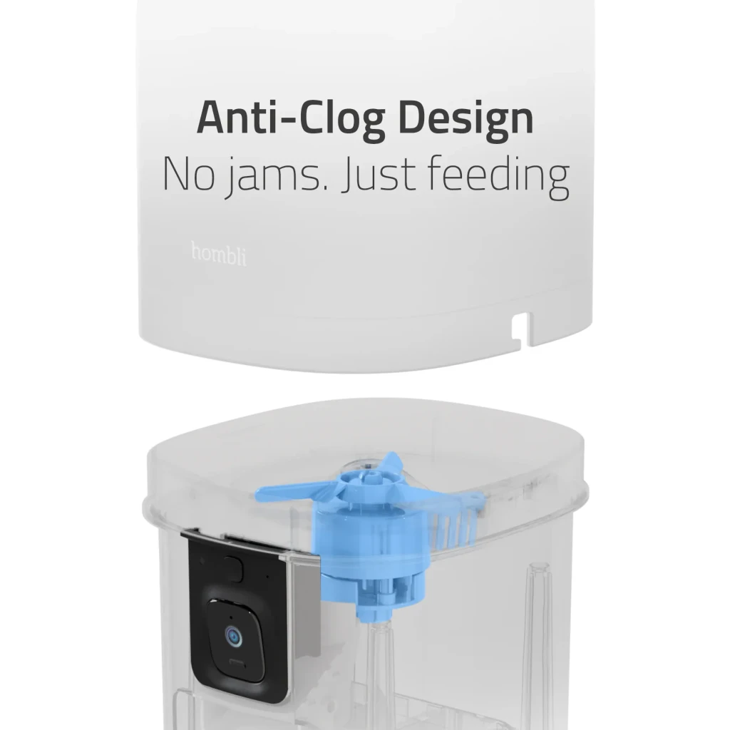 Comedouro Automático Hombli Smart Pet Feeder Branco Câmara Full HD 1080p, detalhe: mecanismo antientupimento azul e módulo