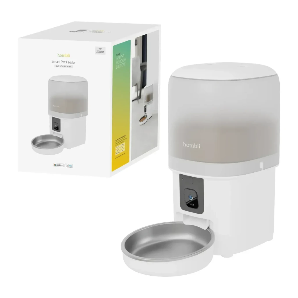 Comedouro Automático Hombli Smart Pet Feeder Branco Câmara Full HD 1080p, conteúdo da caixa: dispensador com tigela de aço