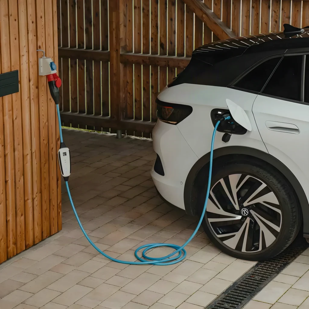 Carregador Portátil Veículo Elétrico NRGkick Pure 22kW 32A 5m Wi-Fi BLE Branco Tipo 2, em uso: unidade branca ligada