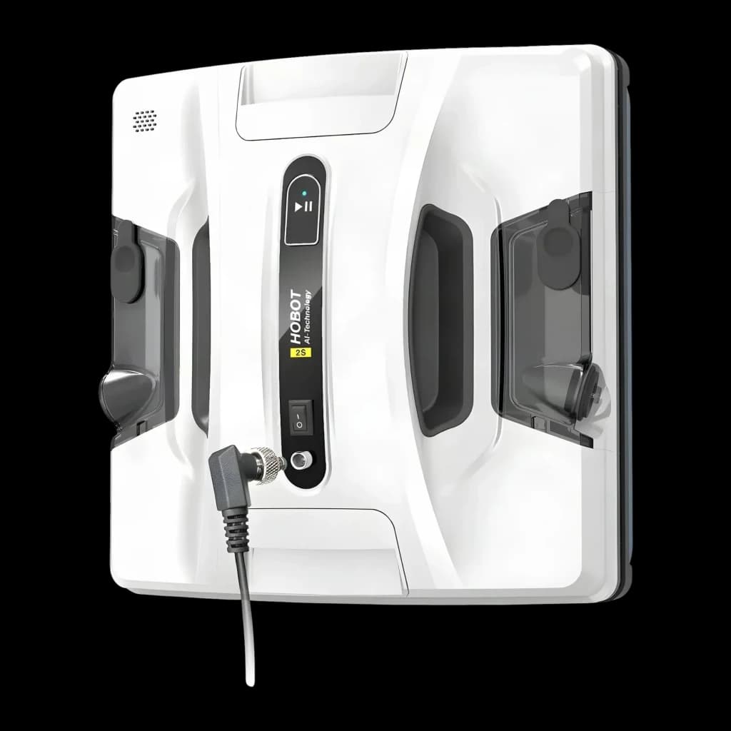 Robot limpiacristales Hobot 2S Blanco 20min 62 dB, vista frontal: cuerpo blanco con panel central negro, botón de encendido