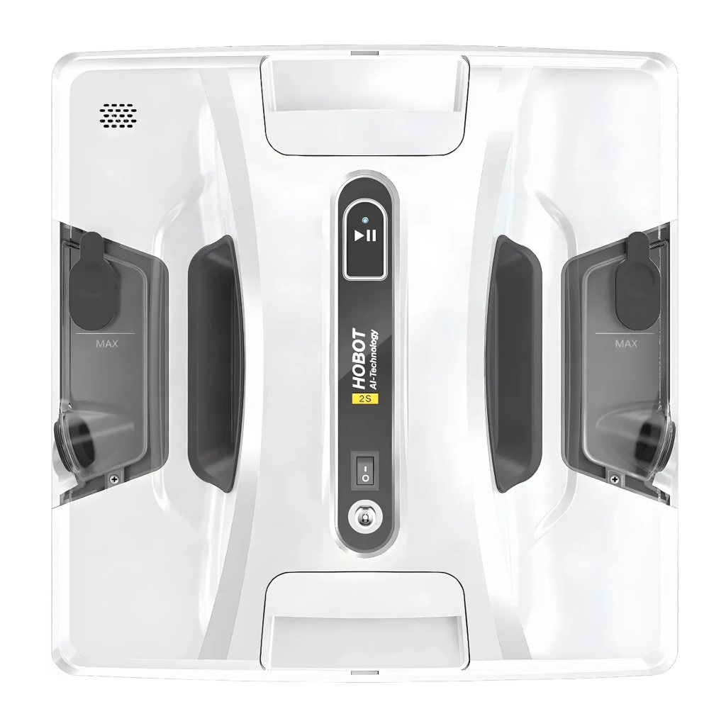 Robot limpiacristales Hobot 2S Blanco 20min 62 dB, detalle superior: depósitos de agua laterales con marca MAX y panel