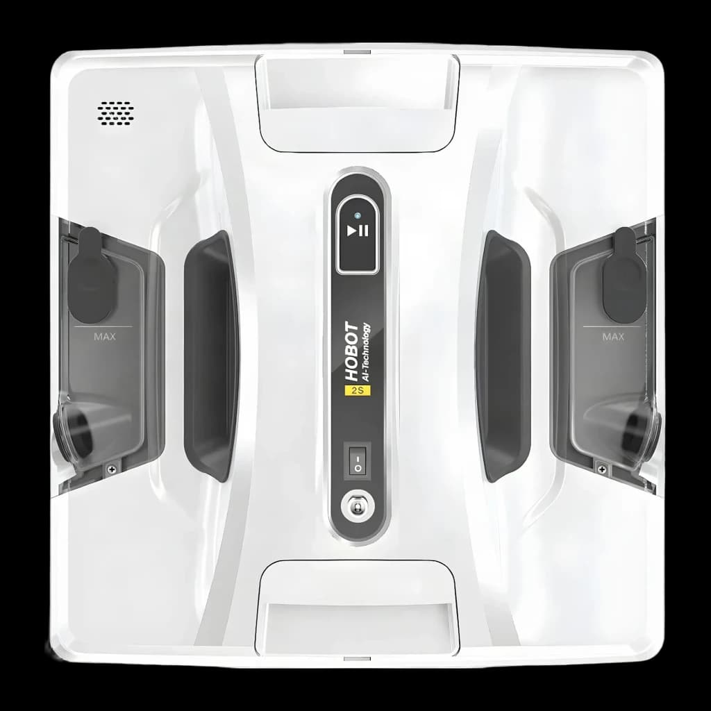 Robot limpiacristales Hobot 2S Blanco 20min 62 dB, detalle superior: depósitos de agua laterales con marca MAX y panel