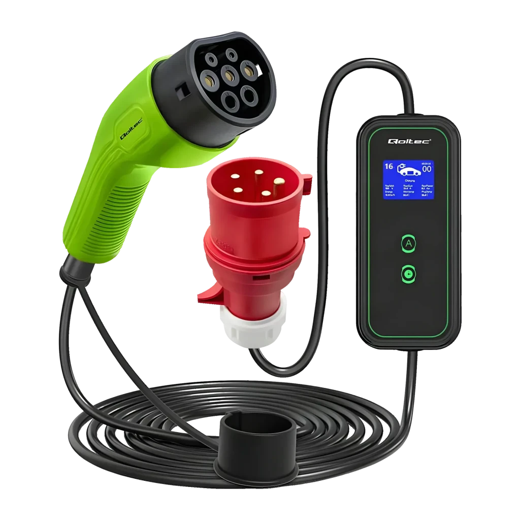 Cargador Coche Eléctrico Qoltec 2 en 1 11kW Trifásico 5m 52478, vista frontal: pistola verde Type 2, enchufe rojo CEE