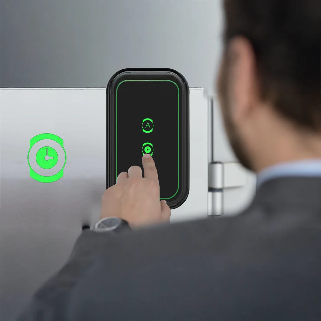 Cargador Coche Eléctrico Qoltec 2 en 1 11kW Trifásico 5m 52478, en uso: hombre pulsa botón del panel táctil con iluminación