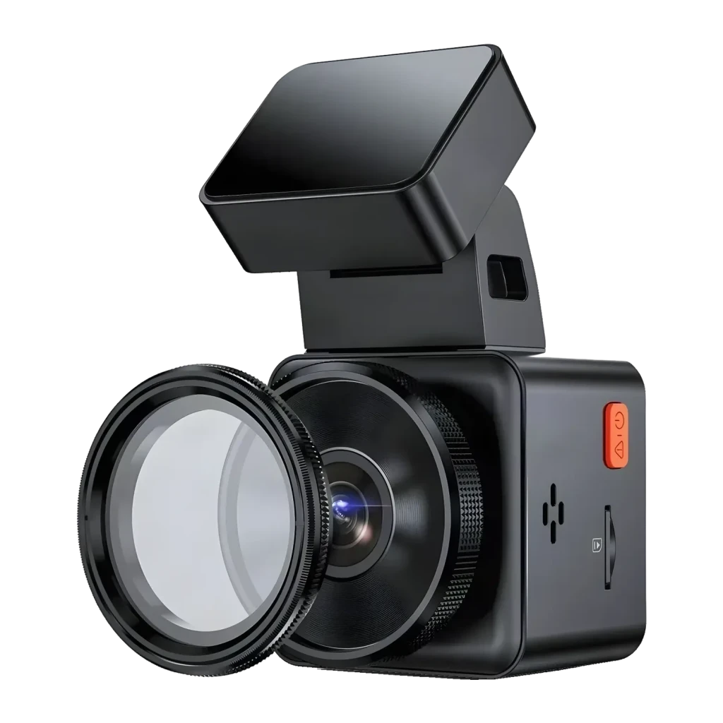 Dashcam Vantrue E1 Pro 1 Canal 4K HDR GPS, vue avant: objectif grand-angle avec lentille bleue et bouton orange sur le côté