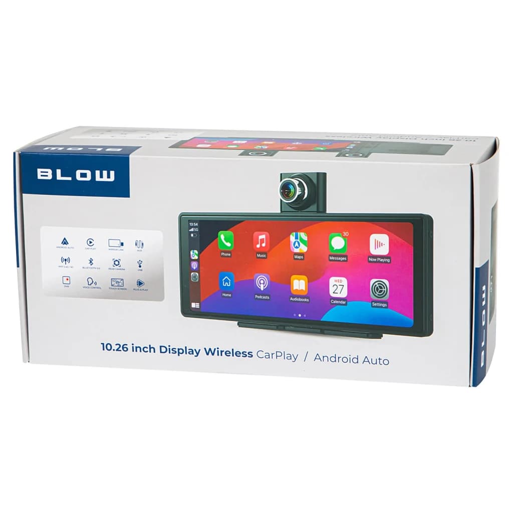 Ecrã para carro Blow 78-430 CarPlay sem fios com gravador de vídeo e câmara traseira, conteúdo da caixa: embalagem frontal