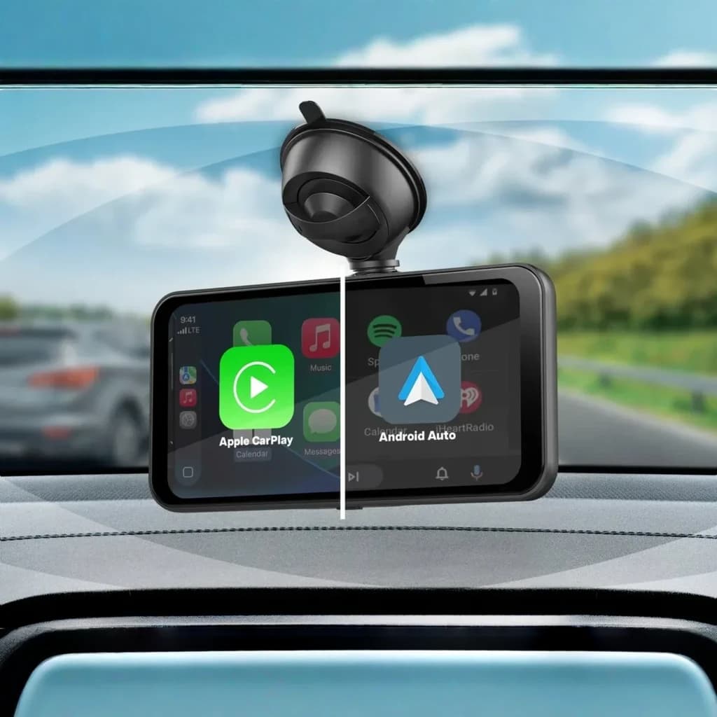Pantalla Coche Tracer CR-PLAY CarPlay Android Auto 6,2 pulgadas Táctil, en uso: montada en parabrisas mostrando interfaces
