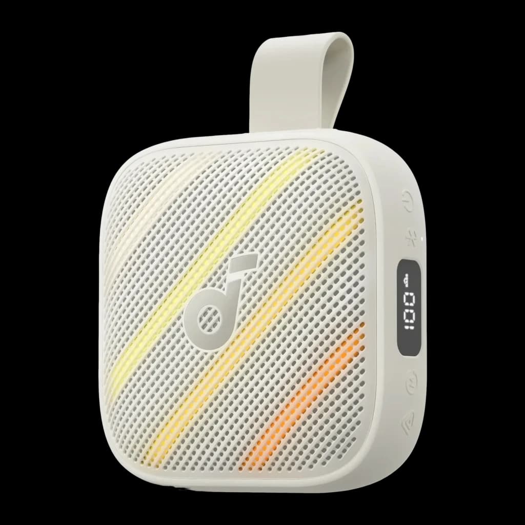 Altavoz portátil Anker Soundcore Boom Go 3i IP68 15W 24h Blanco, vista frontal: rejilla con luces LED degradado