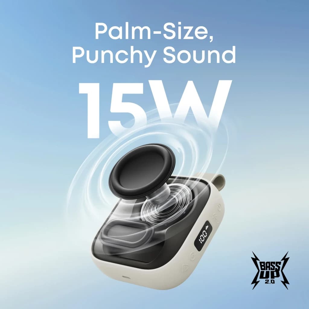 Altavoz portátil Anker Soundcore Boom Go 3i IP68 15W 24h Blanco, infografía: altavoz en perspectiva con ondas de sonido