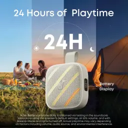Altavoz portátil Anker Soundcore Boom Go 3i IP68 15W 24h Blanco, en uso: autonomía 24h, pantalla de batería lateral, picnic