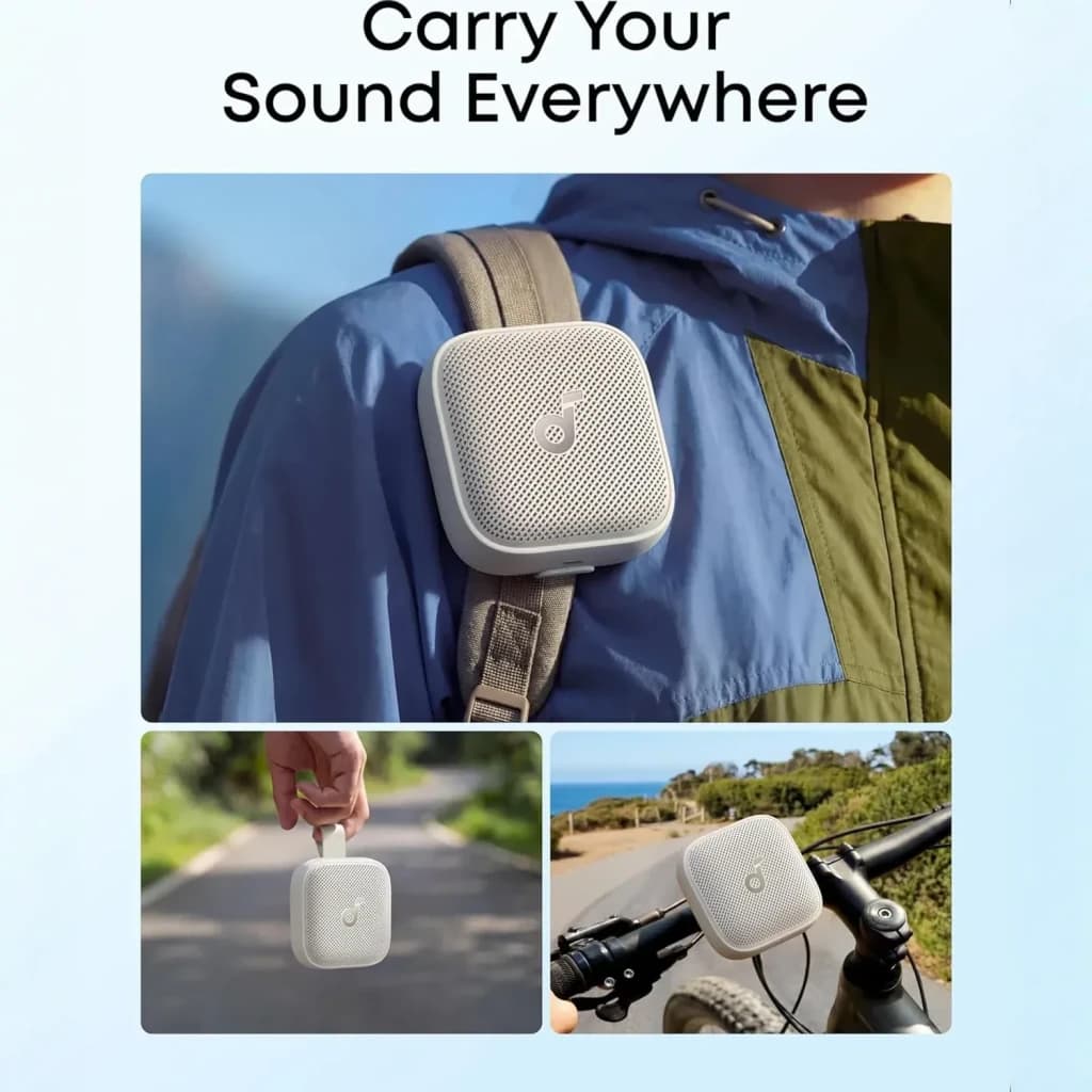 Altavoz portátil Anker Soundcore Boom Go 3i IP68 15W 24h Blanco, en uso: sujeto a mochila, en mano y en manillar de bici