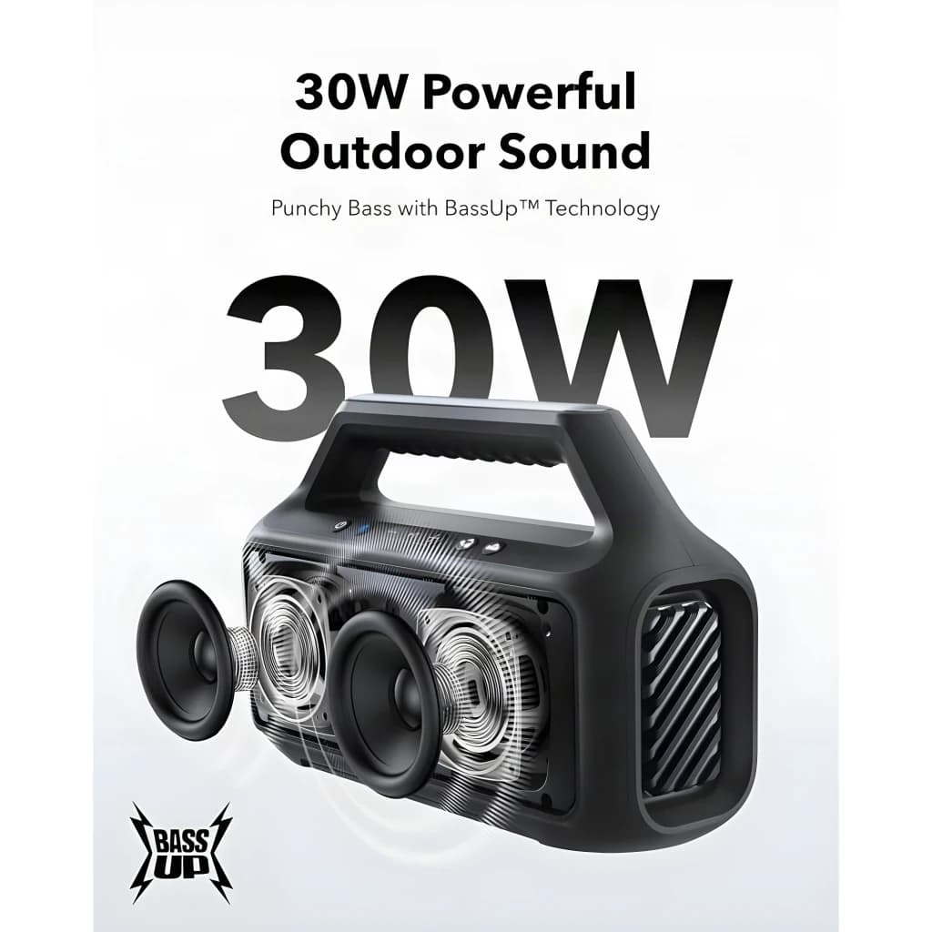 Altavoz portátil Anker Soundcore Boom 2 SE IPX7 30W 18h Negro, vista frontal: drivers y woofer laterales visibles