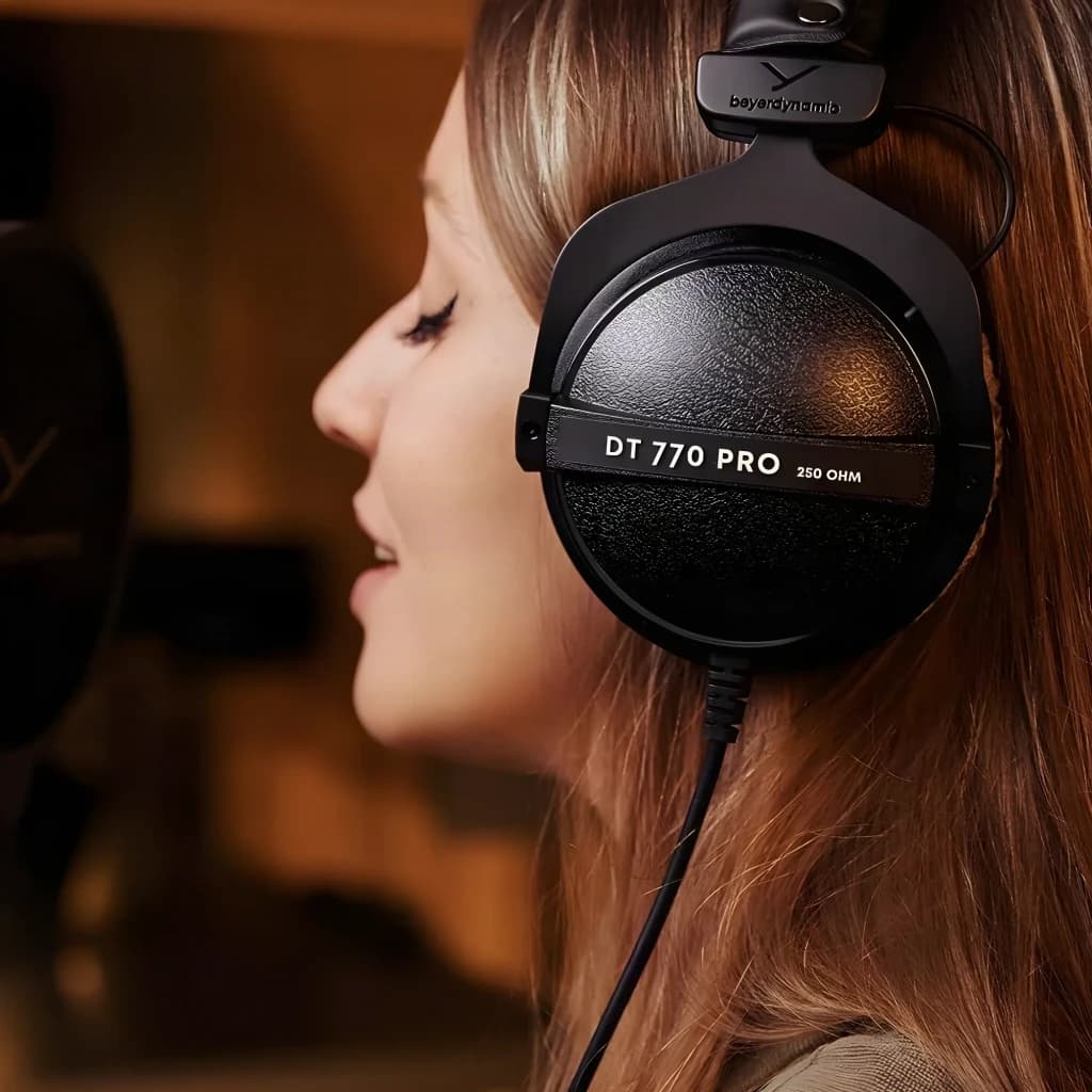 Casque Beyerdynamic DT 770 Pro 250 Ω Arceau Circumaural Câble Jack 3,5 mm Noir, en utilisation: femme de profil en studio