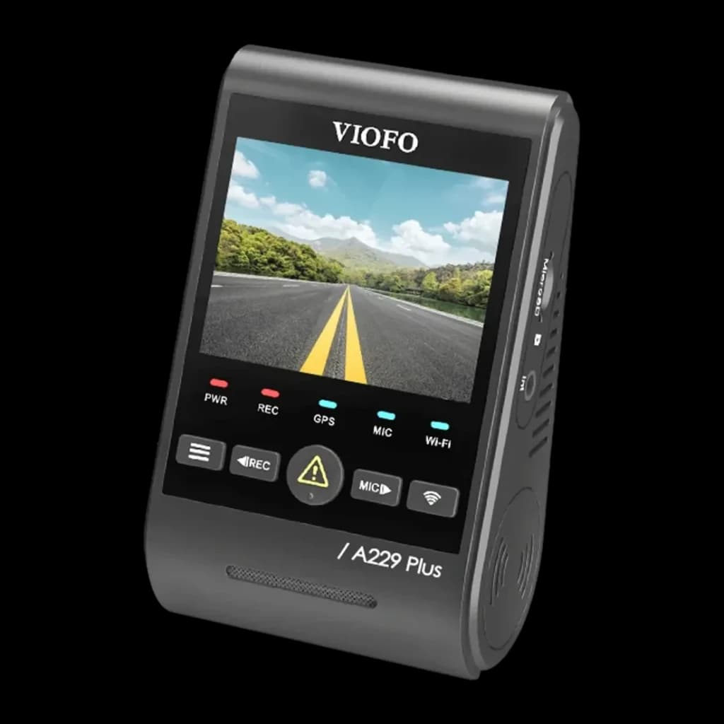 Dashcam VIOFO A229 Plus 1CH avec GPS 2K 1440p WiFi Double Bande, vue avant: écran LCD avec indicateurs PWR, REC, GPS, MIC