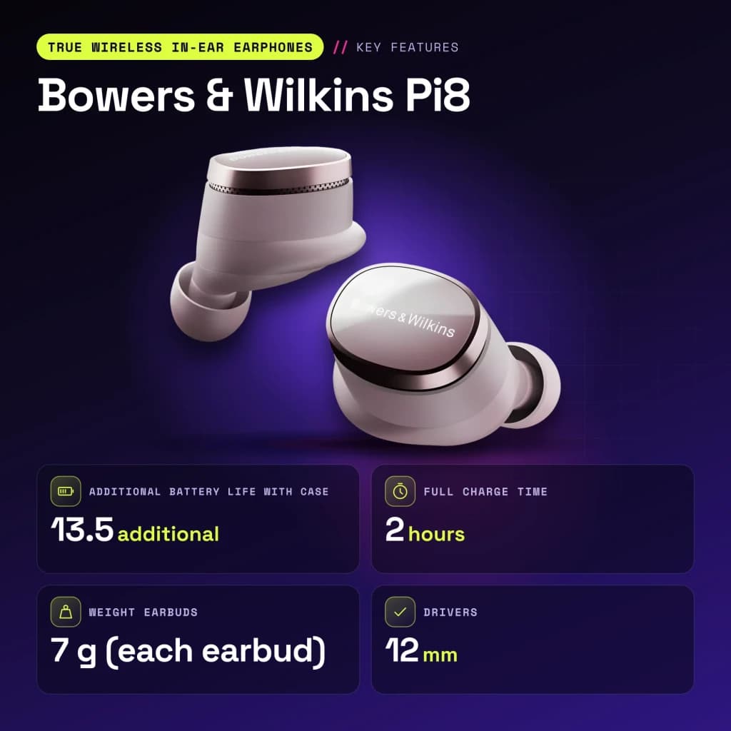 Auriculares true wireless Bowers & Wilkins Pi8 Cancelamento de Ruído In-Ear TWS Malva - características