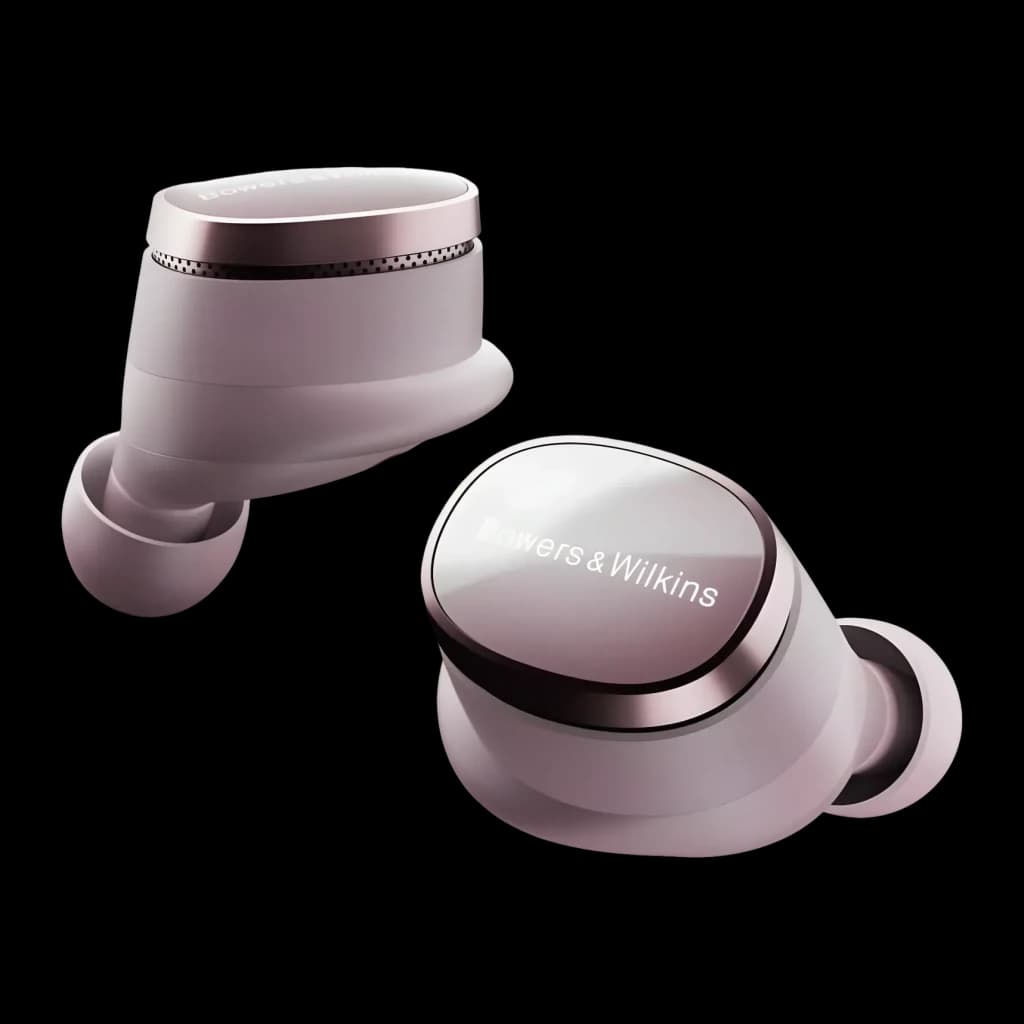 Auriculares true wireless Bowers & Wilkins Pi8 Cancelamento de Ruído TWS Malva, vista frontal: dois auriculares malva