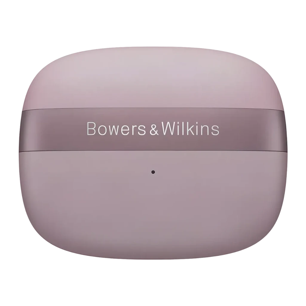 Auriculares true wireless Bowers & Wilkins Pi8 Cancelamento de Ruído TWS Malva, detalhe: tampa do estojo com faixa metálica