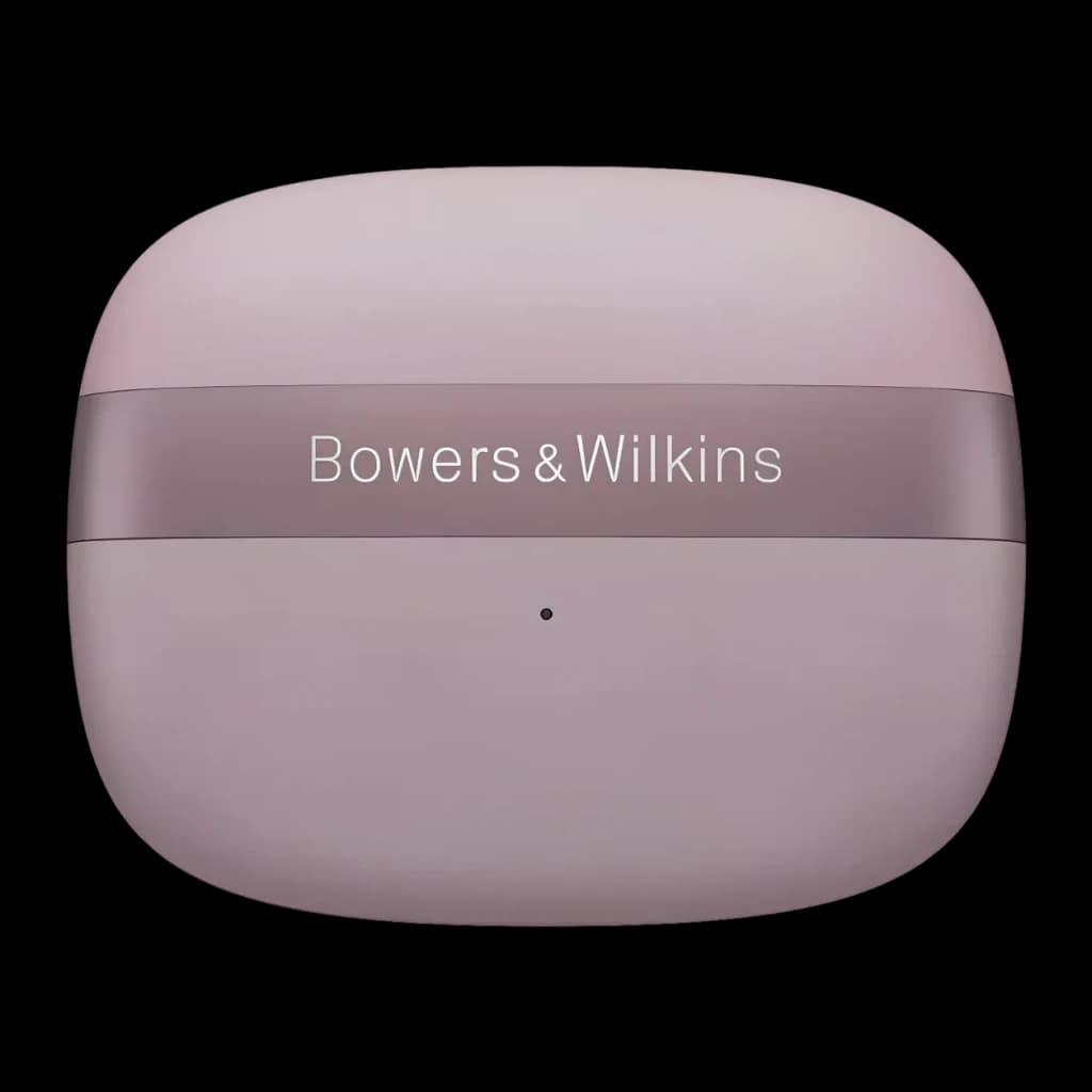 Auriculares true wireless Bowers & Wilkins Pi8 Cancelamento de Ruído TWS Malva, detalhe: tampa do estojo com faixa metálica