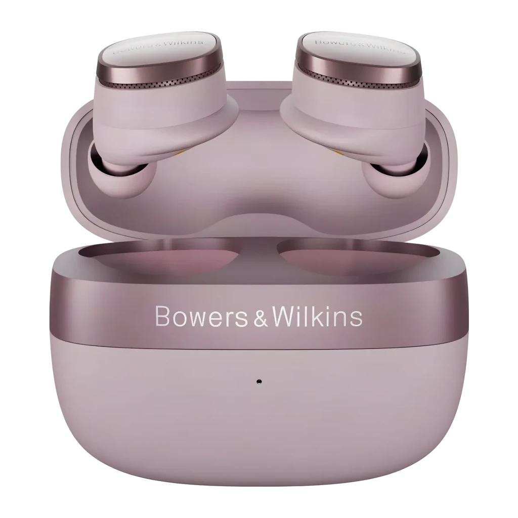 Auriculares true wireless Bowers & Wilkins Pi8 Cancelamento de Ruído TWS Malva, detalhe: estojo aberto com auriculares