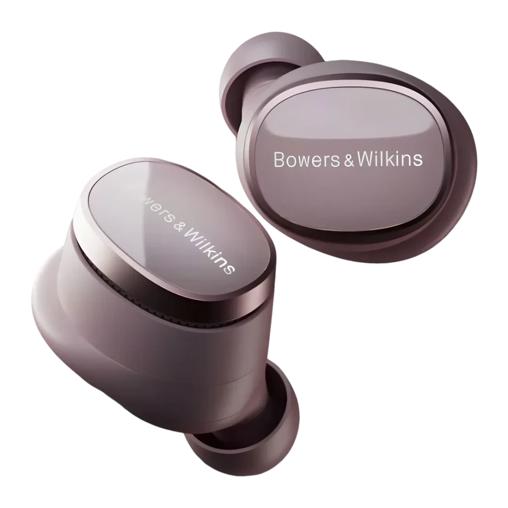 Auriculares true wireless Bowers & Wilkins Pi8 Cancelamento de Ruído TWS Malva, detalhe: logótipo gravado no painel tátil